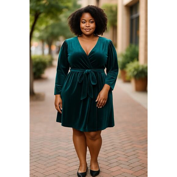 Eloquii Green Velvet Dress Belted Long Sleeve V-Neck Holidays Plus Size 20 - Picture 1 of 8